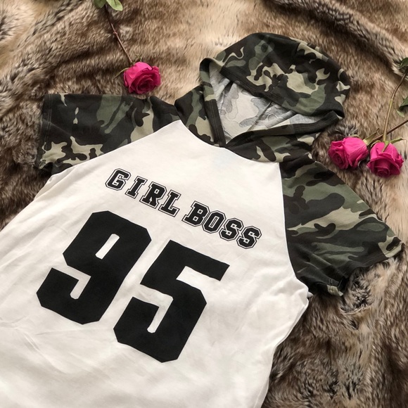 M. Fasis Tops - 🆕 NWOT Camo Short Sleeve Hoodie “GIRL BOSS” Tee